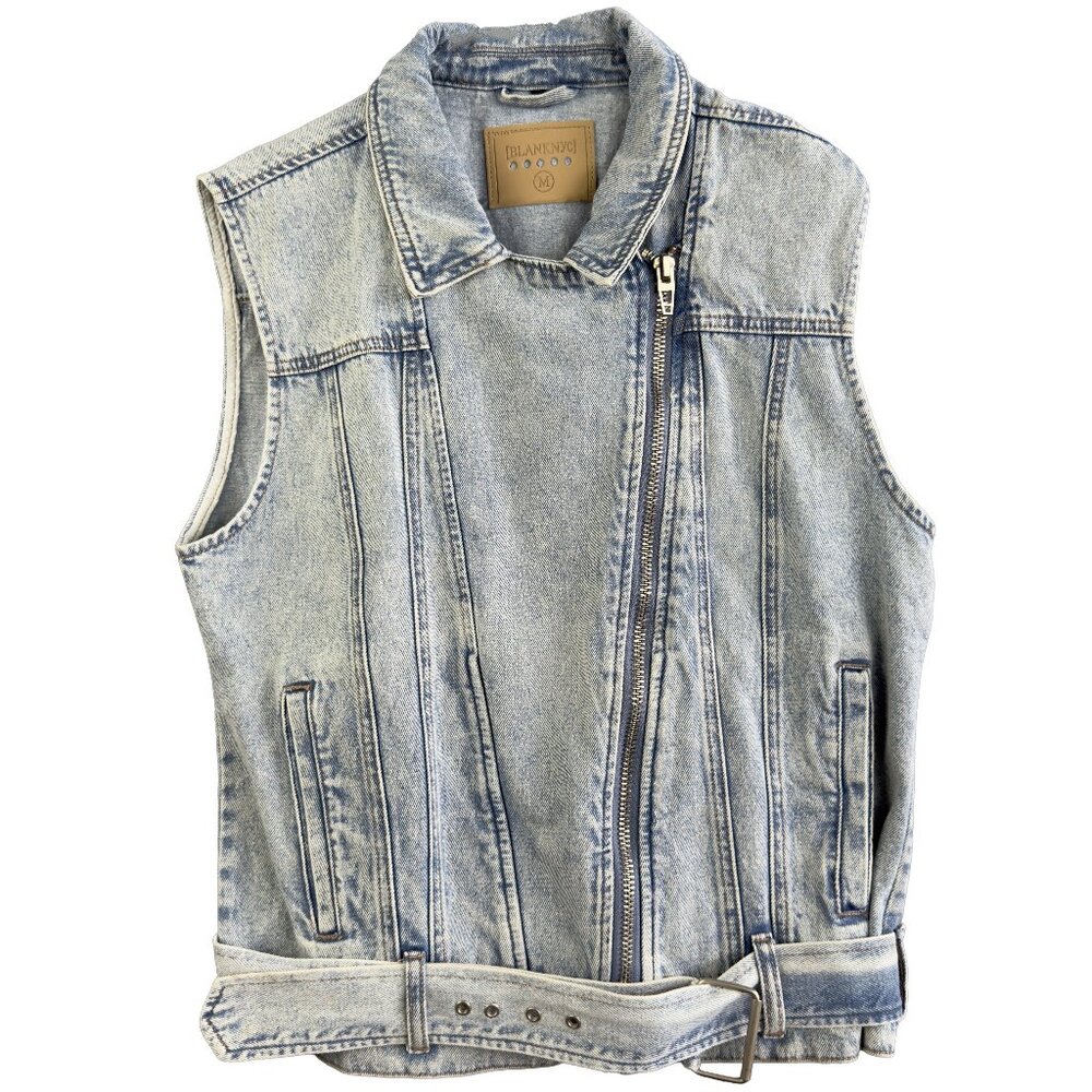 BLANKNYC Denim Moto Vest Grunge Biker 80's Light Wash Belted Medium Diagonal Zip - Picture 1 of 10